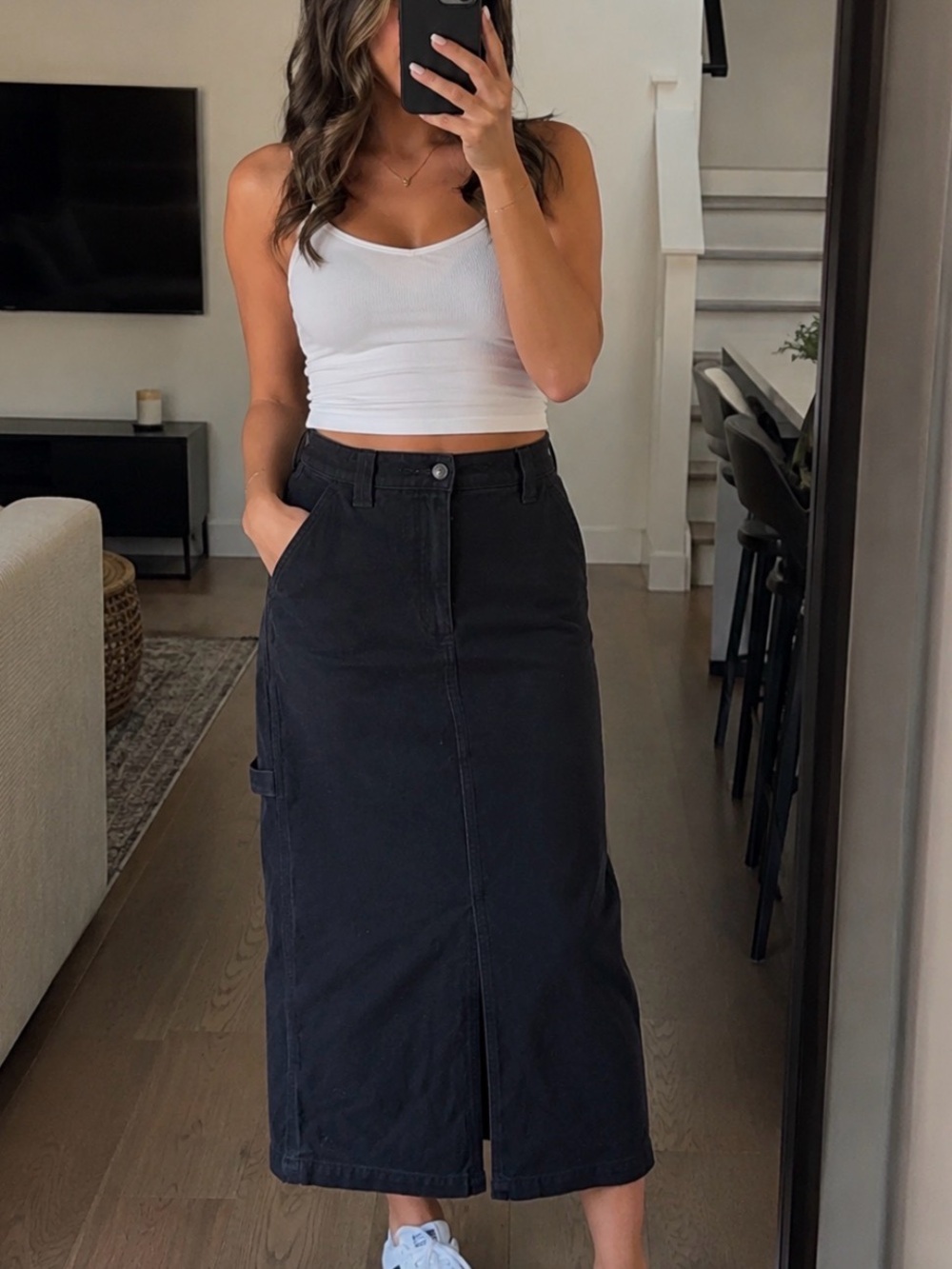 TNA Black High-Rise midi utility skirt with Branded Waist Label